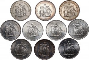Francja, zestaw 10 x 50 franków 1974-1979 - srebro