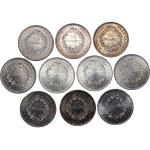 Francja, zestaw 10 x 50 franków 1974-1979 - srebro