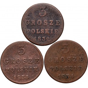 Królestwo Kongresowe, Mikołaj I, zestaw 3 x 3 grosze polskie z lat 1832-1834