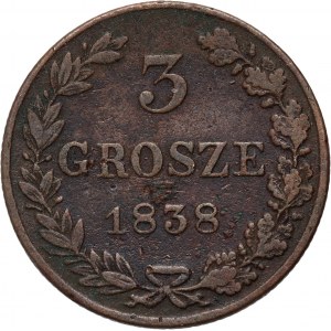 Russian annexation, Nicholas I, 3 pennies 1838 MW, Warsaw