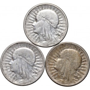 II RP, sada 3 x 2 zlatých mincí z let 1932-1934, Varšava, hlava ženy
