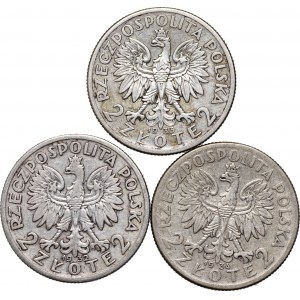 II RP, Satz von 3 x 2 Goldmünzen von 1932-1934, Warschau, Kopf einer Frau