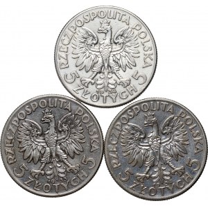 II RP, sada, 3 x 5 zlotých z rokov 1933-1934, Varšava, hlava ženy