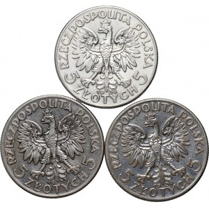 II RP, zestaw, 3 x 5 złotych z lat 1933-1934, Warszawa, Głowa Kobiety