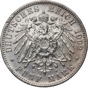 Německo, Württemberg, Wilhelm II, 5 značek 1902 F, Stuttgart