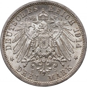 Německo, Prusko, Wilhelm II, 3 marky 1914 A, Berlín
