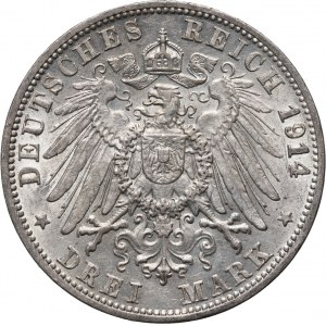 Německo, Bádensko, Frederick II, 3 marky 1914 G, Karlsruhe