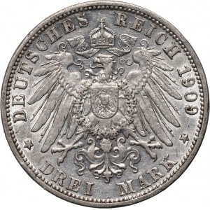 Německo, Bádensko, Frederick II, 3 marky 1909 G, Karlsruhe
