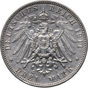 Německo, Sasko, Frederick August III, 3 marky 1911 E, Muldenhütten