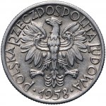 Poľská ľudová republika, 5 zlatých 1958, Rybár, úzka osmička - dvojitá razba a dvojité slnko!