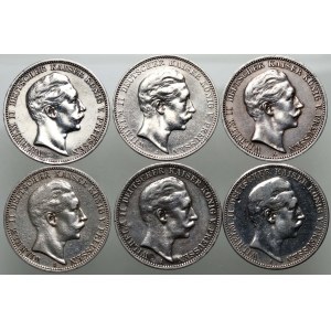 Niemcy, Prusy, Wilhelm II, zestaw monet, 6 x 3 marki