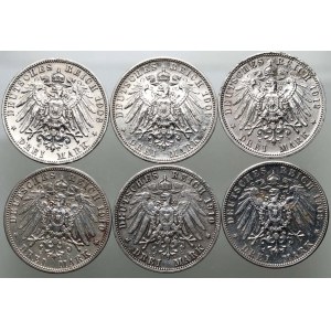 Germany, Prussia, Wilhelm II, lot of 6 x 3 Mark