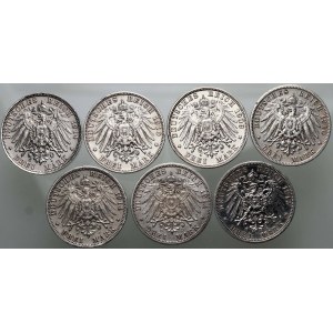 Německo, Bavorsko a Prusko, sada mincí, 7 x 3 marky