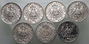 Niemcy, Bawaria i Prusy, zestaw monet, 7 x 3 marki