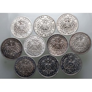 Německo, Bavorsko, Hamburk, Prusko, Sasko, Württembersko, sada mincí, 10 x 5 marek
