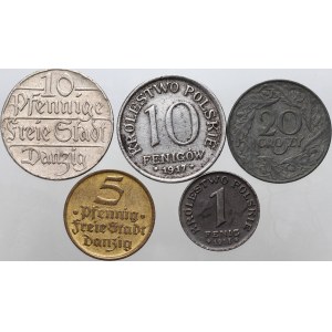 Die Freie Stadt Danzig, das Königreich Polen, das Generalgouvernement, Satz von 5 Münzen 1917-1932