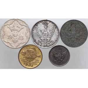 Wolne Miasto Gdańsk, Królestwo Polskie, Generalne Gubernatorstwo, zestaw 5 monet z lat 1917-1932