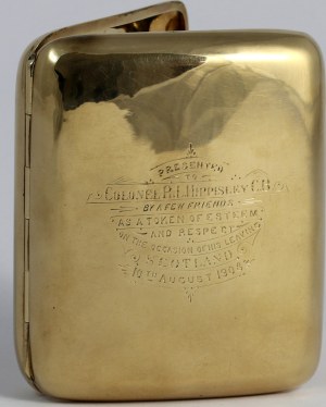 Szkocja, złota papierośnica, dedykacja z 1908 roku, Pułkownik R. L. Hippisley C. B.