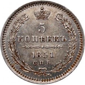 Russia, Nicholas I, 5 Kopecks 1851 СПБ ПА, St. Petersburg