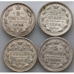 Russland, Alexander III., Satz von 4 x 5 Kopeken, datiert 1882-1888