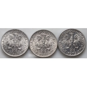 PRL, zestaw 3 x 5 złotych z lat 1959-1973, Rybak