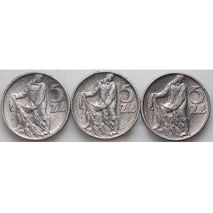 Poľská ľudová republika, sada 3 x 5 zlatých mincí z rokov 1960-1973, Rybak