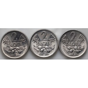 Poľská ľudová republika, sada 3 x 2 zlaté mince z rokov 1958-1973, Berry
