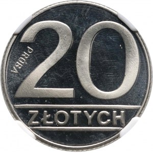Polská lidová republika, 20 zlotých 1989, reverzní nápis, PRÓBA, nikl