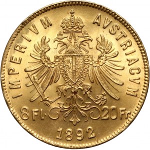 Österreich, Franz Joseph I., 8 Gulden = 20 Franken 1892, Wien, Neuprägung