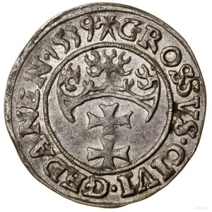 Groš, 1539, Gdansk; na averze koniec legendy PRVS; ...