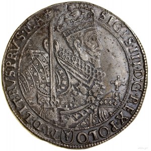 Thaler, 1629, Bydgoszcz; Av: Polopostavička kráľa so šerpou na...
