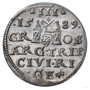 Trojak, 1589, Riga; koniec nápisu LI na averze, značka ...