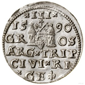 Trojak, 1590, Ryga; mała głowa króla, interpunkcja w fo...