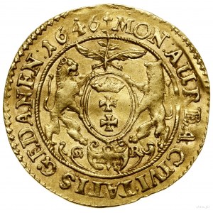 Dukát, 1646, Gdansk; Av: Busta kráľa vpravo, VLAD ...