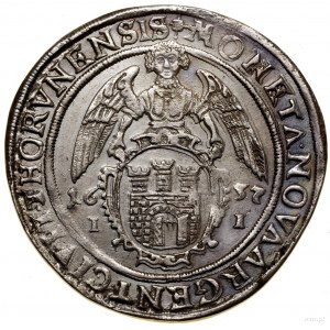 Thaler, 1637, Toruń; Av: Polovičná postava kráľa v brnení vpravo....