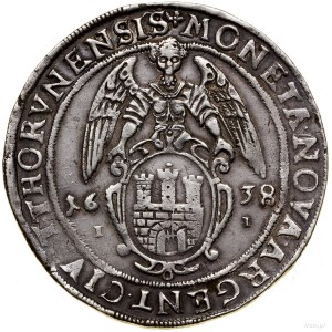 Thaler, 1638, Toruń; Av: Polovičná postava kráľa v brnení vpravo....