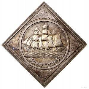 Clipped 5 gold, 1936, Warsaw; Sailing ship; Av: Eagle, ...