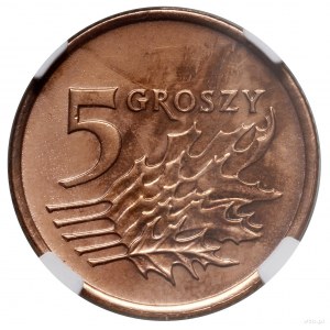 5 groszy, 1992, Warszawa; moneta wybita w brązie zamias...