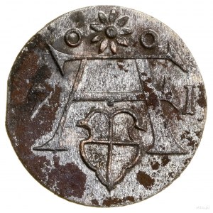 Denar, 1571, Królewiec; nad monogramem dziewięciopłatko...