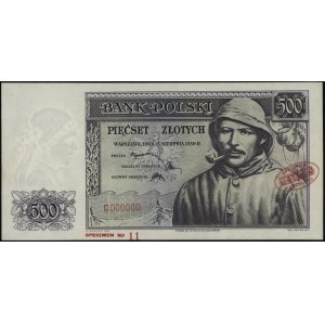500 złotych, 15.08.1939; seria C, numeracja 000000, na ...