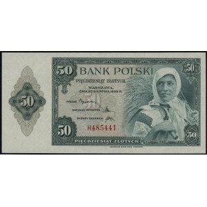 50 złotych, 20.08.1939; seria H, numeracja 485441; Luco...