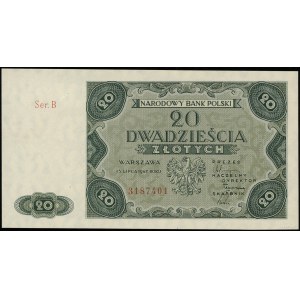 20 złotych, 15.07.1947; seria B, numeracja 3187401; Luc...