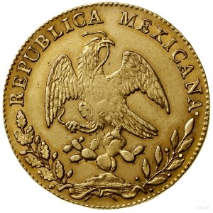 8 escudos, 1854 Mo, Mexico City; date punched from 1844; ...
