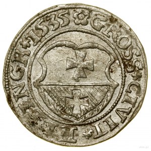 Pfennig, 1535, Elbląg; auf der Vorderseite Ende der PRV-Legende; B...