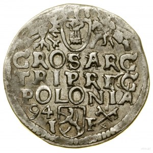 Trojak, 1594, Poznan; langgestrecktes Gesicht des Königs, die Enden der Lenden...