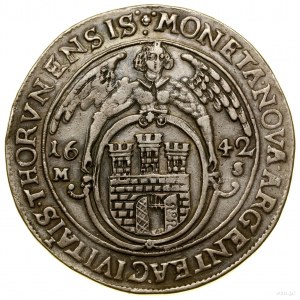 Thaler, 1642, Toruń; Av: Halbfigur des Königs, der eine Münze hält...