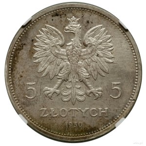 5 zlotých, 1930, Varšava; transparent - 100. výročie Powstan...