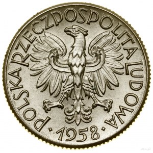 1 złoty, 1958, Warszawa; Liście dębu, wypukły napis PRÓ...