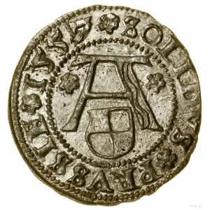 Szeląg, 1557, Królewiec; wariant z “basztą” u góry awer...