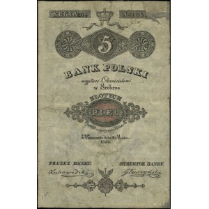 5 złotych, 1.05.1830; podpisy prezesa i dyrektora banku...